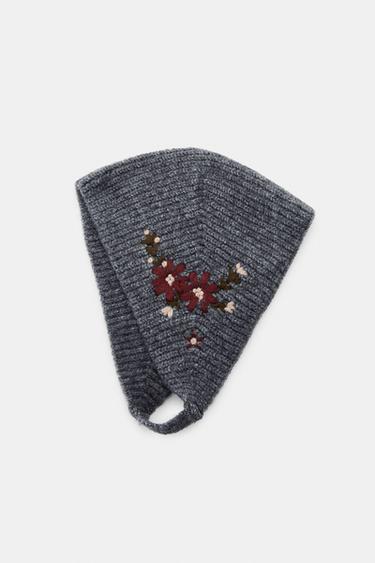 Zara 花卉刺繡針織軟帽 - 灰色