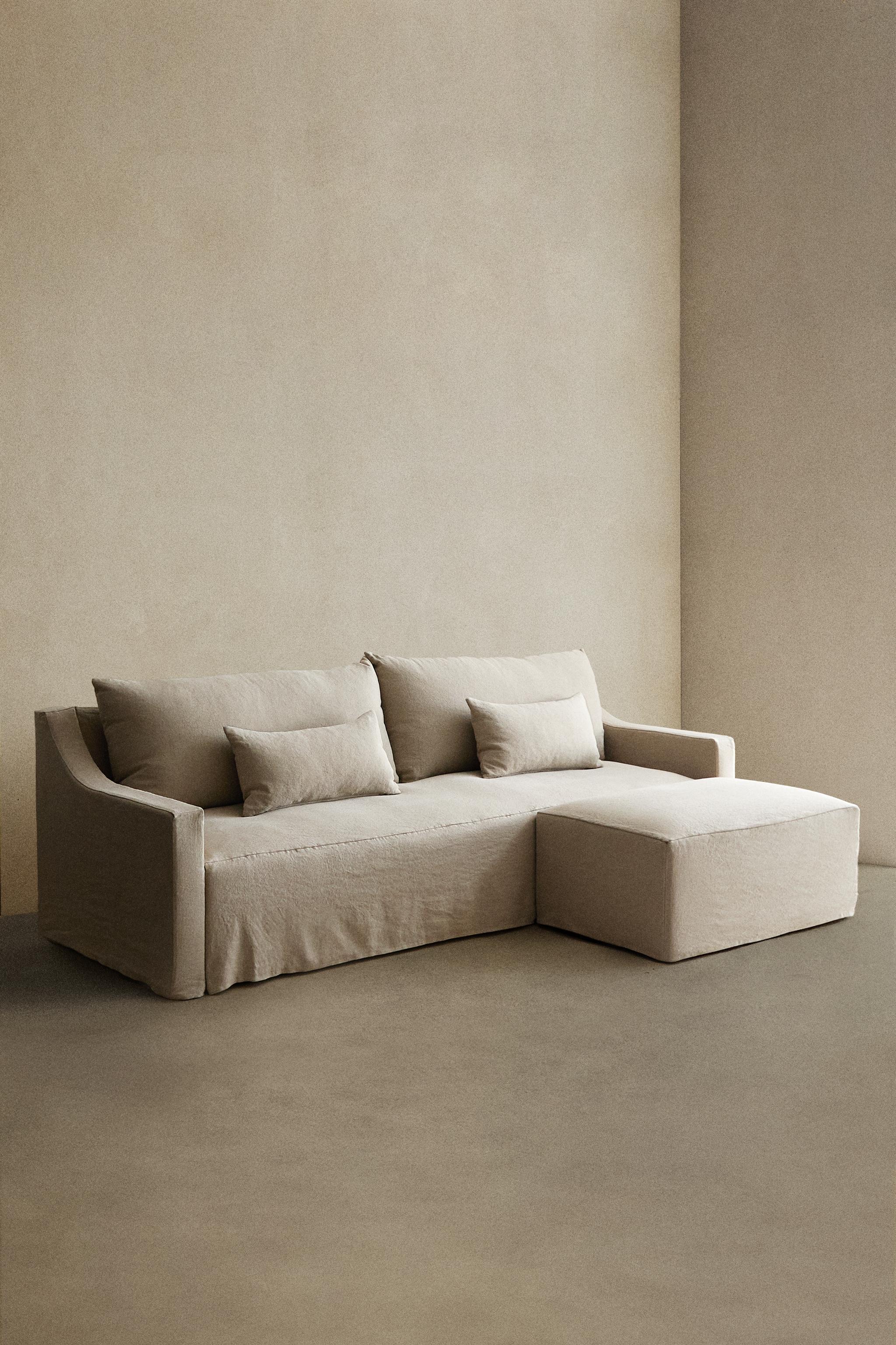 SOFA WITH REMOVABLE WASHED LINEN COVER — Light beige