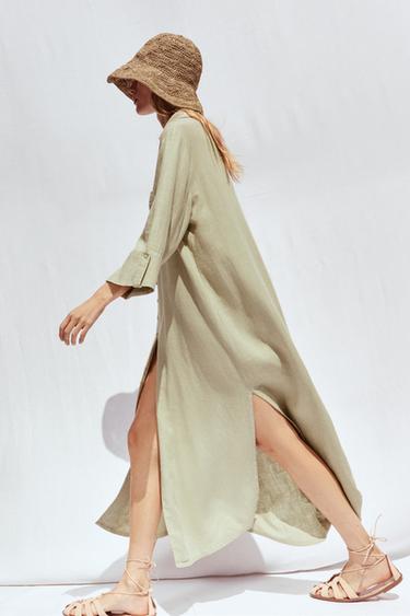 ROBE CHEMISE EN LIN - Kaki clair de Zara - Image 5