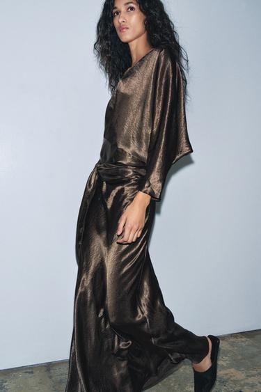 Zara ZW COLLECTION SATIN EFFECT WRAP DRESS - Brown
