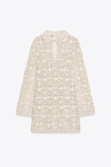 Zara ZW COLLECTION CROCHET MINI DRESS - Beige