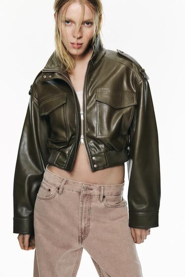 CAZADORA CORTA EFECTO PIEL - kaki-med de Zara