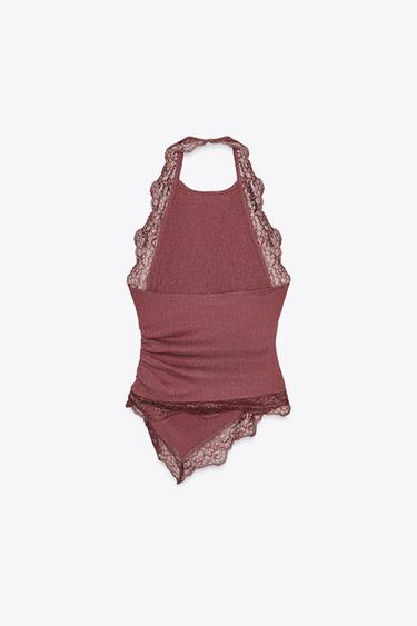 TEXTURED HALTER TOP WITH LACE - Dark pink by Zara