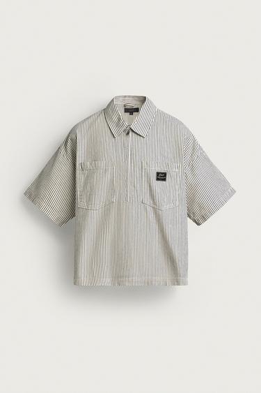 Zara STRIPED ZIP-UP POLO SHIRT - Ecru