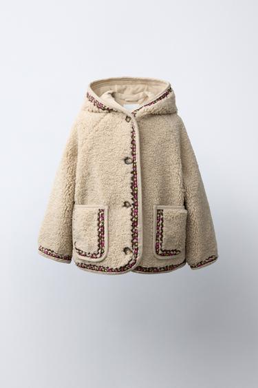 FAUX SHEARLING JACKET WITH HOODIE AND RIC-RAC TRIM - Light beige by Zara