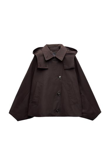 Front view of brown jacket with buttons and side pockets.