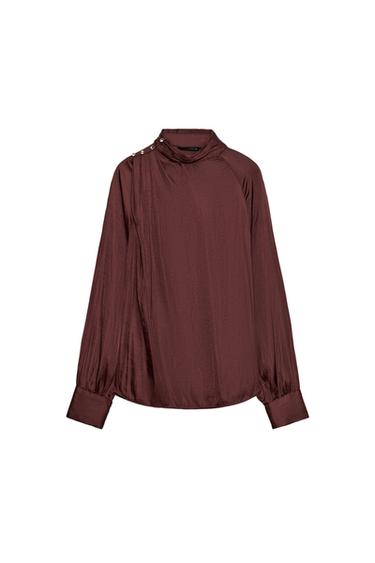 BLUSA SATINADA CUELLO DRAPEADO - Burdeos de Zara