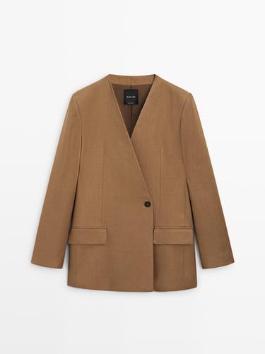 Zara 100% linen lapelless double-breasted blazer - taupe brown