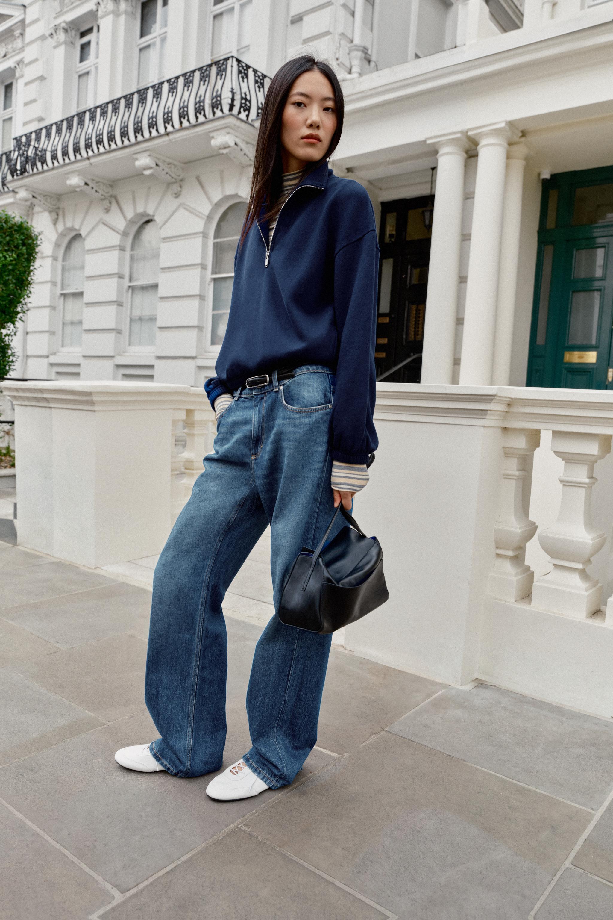 METALLIC ZIPPER SWEATSHIRT — Navy blue