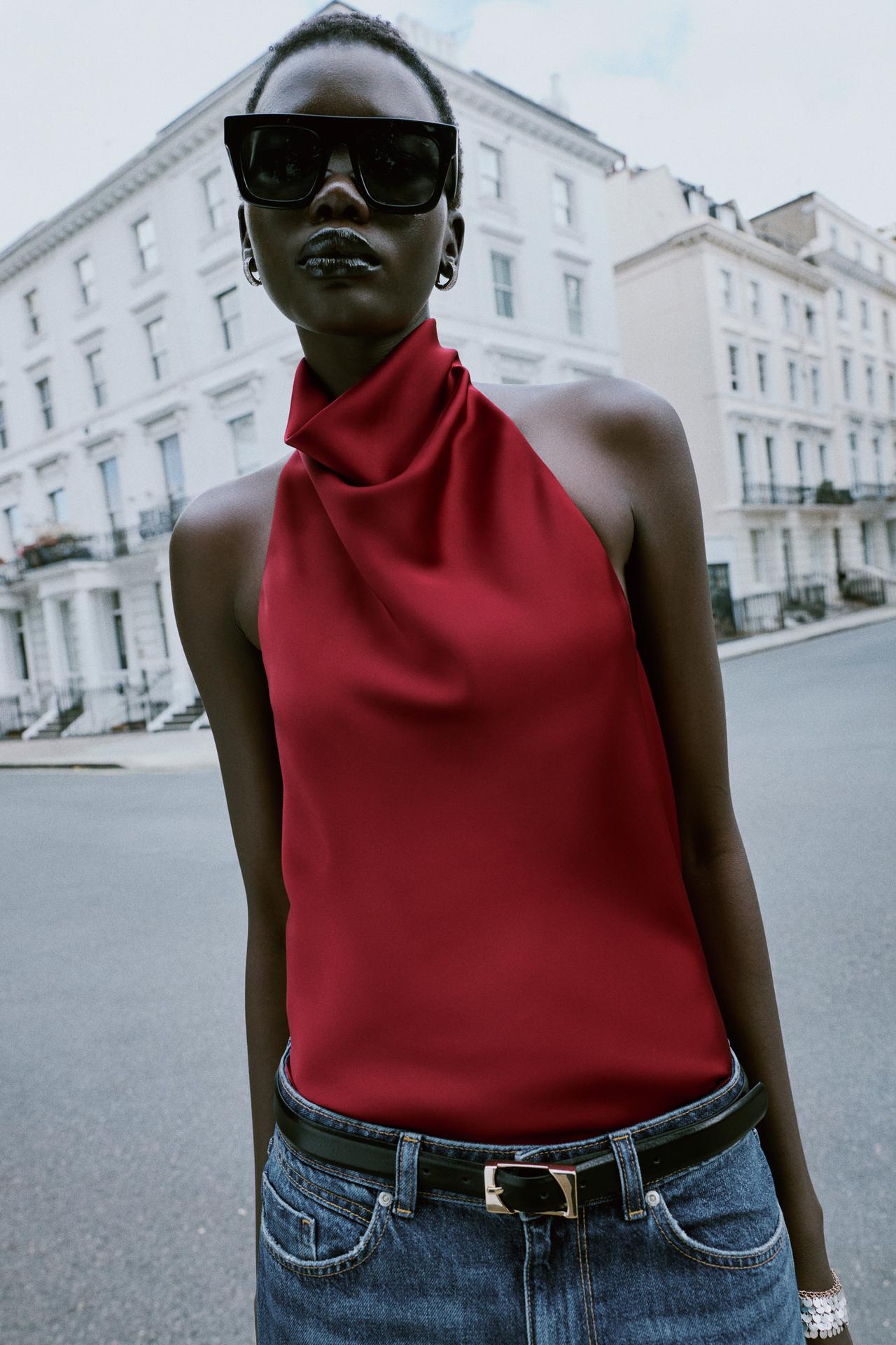 SATIN HALTER TOP — Mid-red