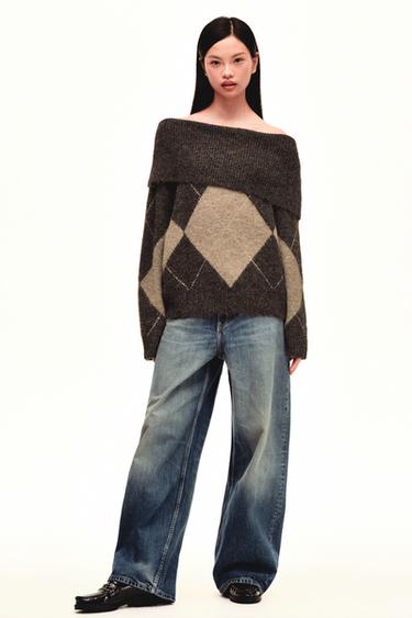 Zara 菱格紋平口針織衫 - 灰色 / 米色