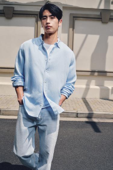 Zara 條紋垂墜感襯衫 - 淡藍色