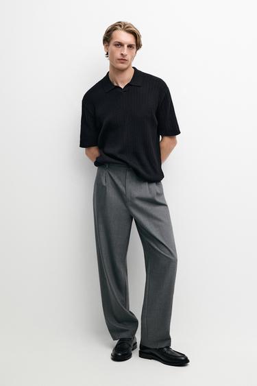 Zara 100% cotton cable-knit polo sweater - Navy blue