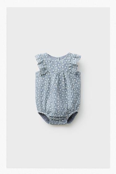 Zara 刺繡花卉荷葉邊連身褲 - 斑紋藍色