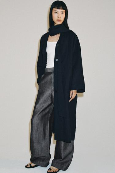 Zara OVERSIZED LINEN BLEND COAT ZW COLLECTION - Navy blue