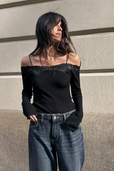 Zara OFF-THE-SHOULDER T-SHIRT - Black