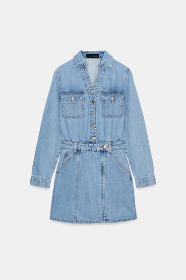 Zara Z1975 短版牛仔連身裙 - 中藍色