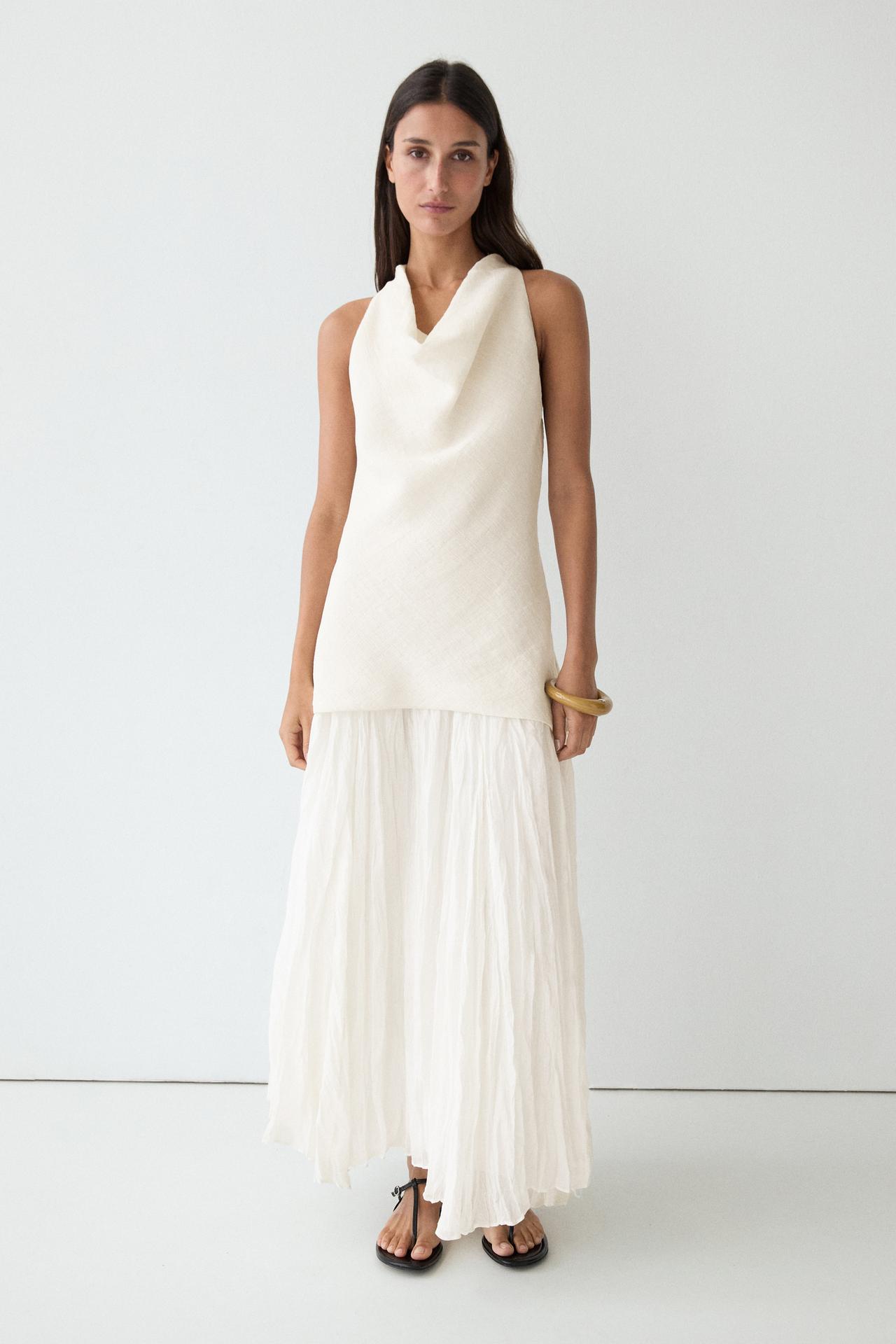 Combined flowing pleated linen dress — Oyster-white