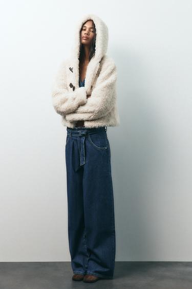 Zara FAUX FUR TOGGLE JACKET - Ecru
