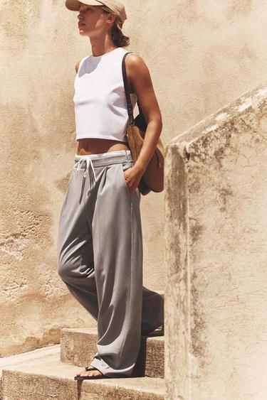 Zara DOUBLE WAIST WIDE LEG PANTS - Gray