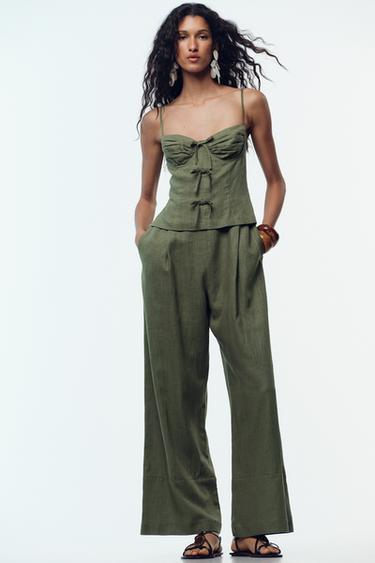 LINEN BLEND STRAPPY JUMPSUIT WITH BOWS - Khaki by Zara