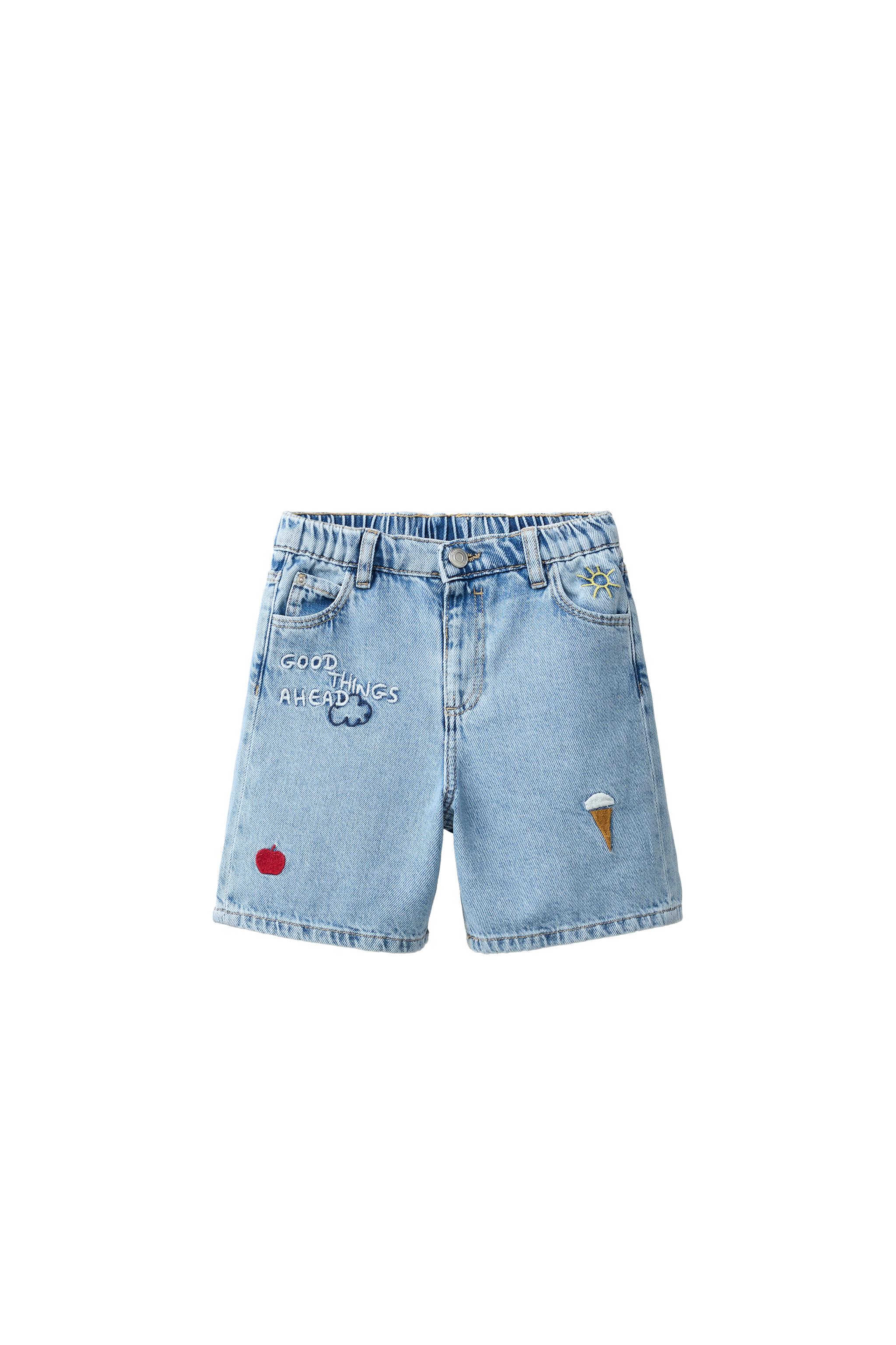 EMBROIDERED DENIM SHORTS - Mid-blue | ZARA United States