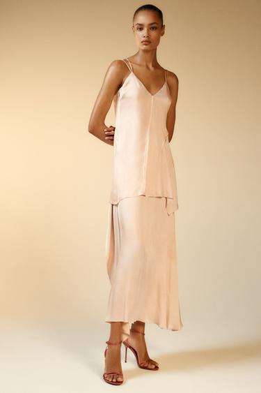 ASYMMETRIC SATIN-FINISH LONG SKIRT - Light beige by Zara