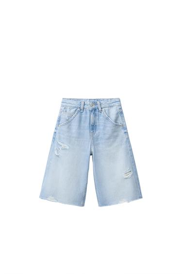 Zara RIPPED LONG SHORTS - Light blue