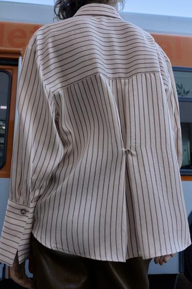 CHEMISE À RAYURES AVEC POIGNETS LARGES - Écru / Grenat de Zara - Image 5