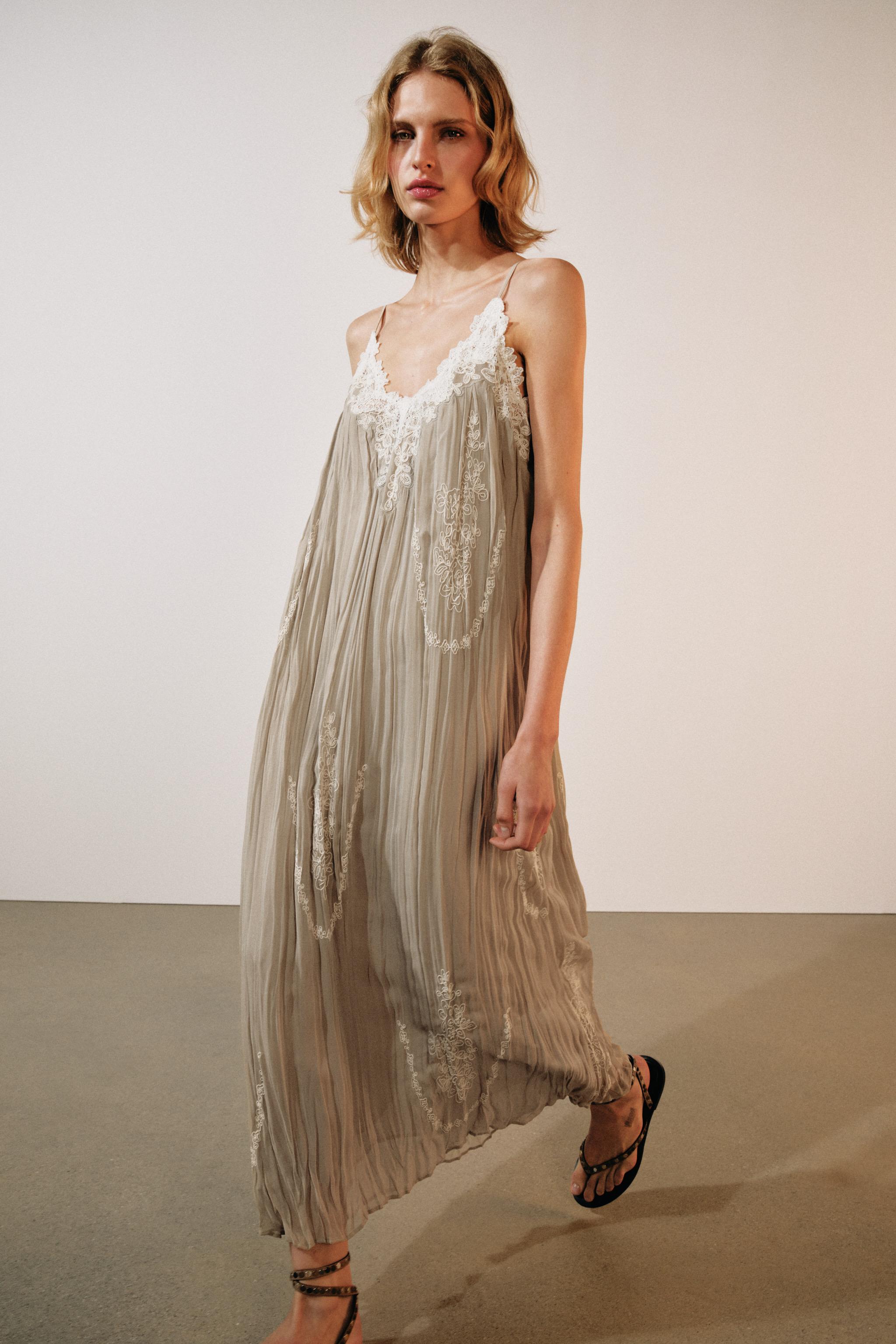 ZW COLLECTION EMBROIDERED MAXI DRESS - Gray / Beige | ZARA United