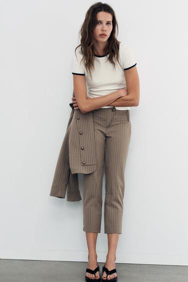 Zara PINSTRIPE CAPRI PANTS - Light tan