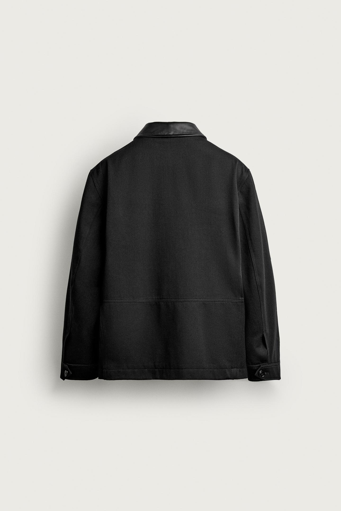Мужская куртка Zara Wool Blend Jacket with Leather Collar, цвет: Чёрный — фото 7