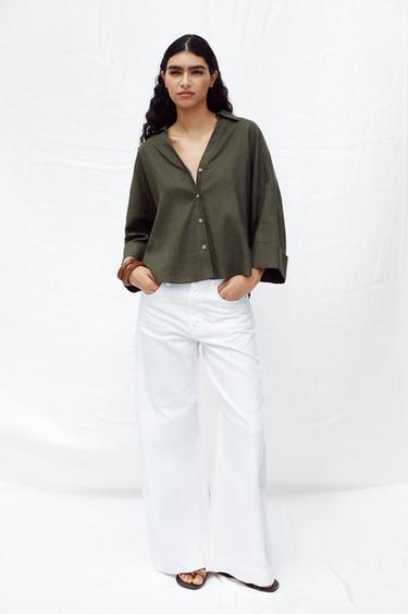LINEN BLEND WIDE SLEEVE SHIRT - Dark khaki by Zara - Image 0