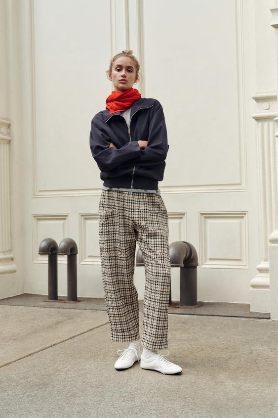 Zara PLAID PANTS WITH ELASTIC WAISTBAND - SAND/BROWN - Image 0