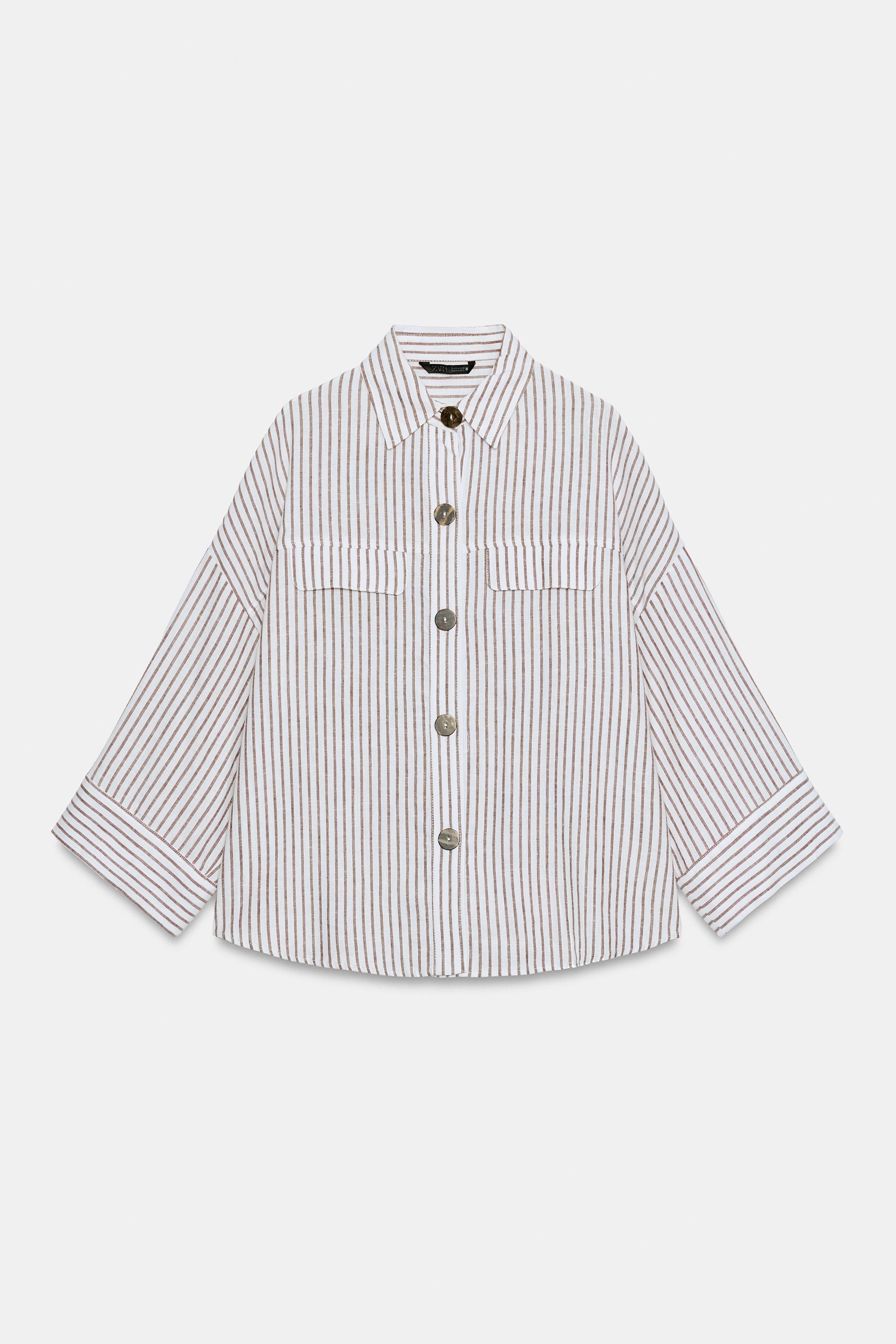 Zara KETEN KARIŞIMLI ÇİZGİLİ GÖMLEK görsel 5