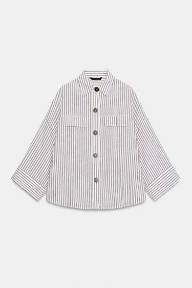 CHEMISE À RAYURES AVEC LIN - marron/blanc de Zara
