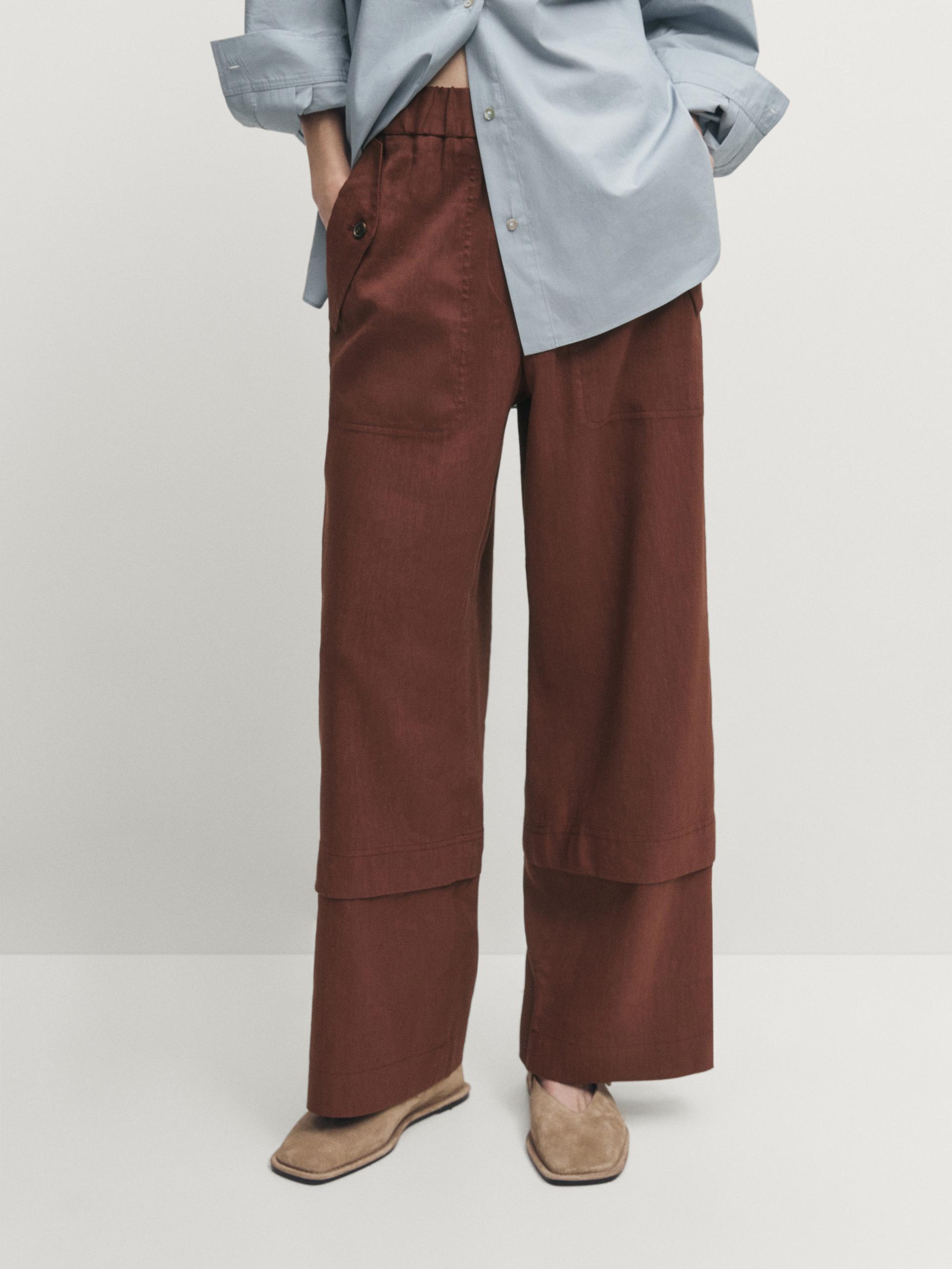 High-waist wide-leg trousers with double dart detail - Light brown