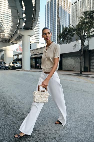 ТРИКОТАЖНИЙ ЖАКЕТ З КОРОТКИМИ РУКАВАМИ ТА МЕРЕЖИВОМ - колір каміння Zara - Зображення 0