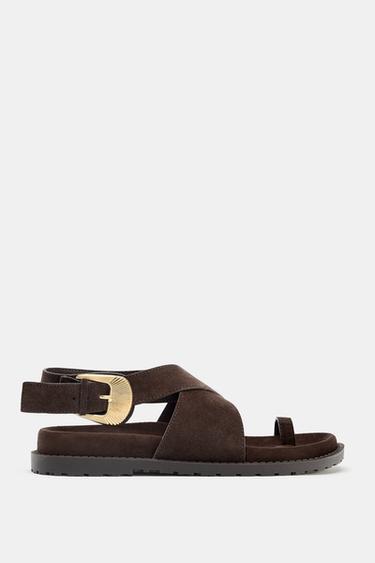 SPLIT SUEDE TOE POST BUCKLE SANDALS - Brown by Zara