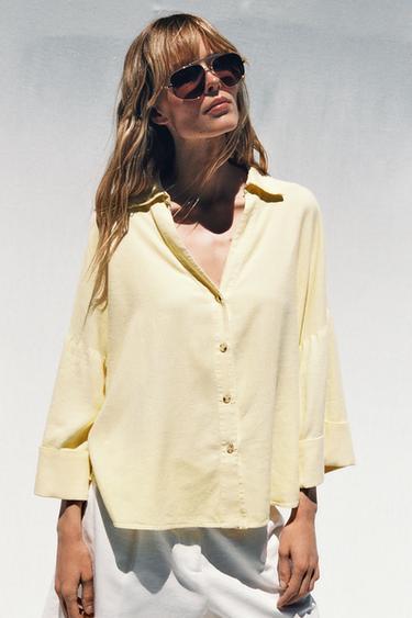 CAMISA MANGA ANCHA CON LINO - Amarillo de Zara