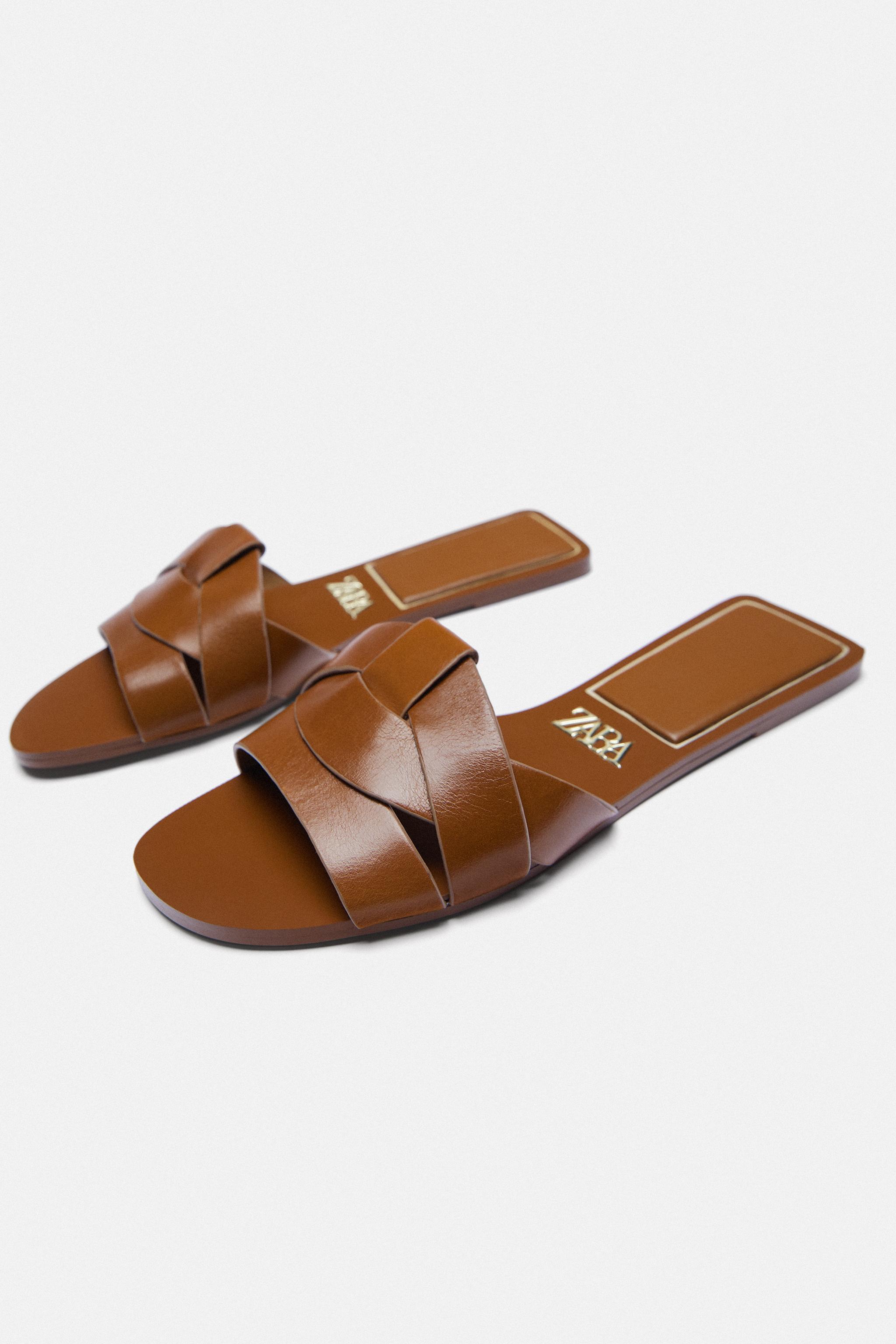 FLAT CRISS CROSS LEATHER SLIDER SANDALS