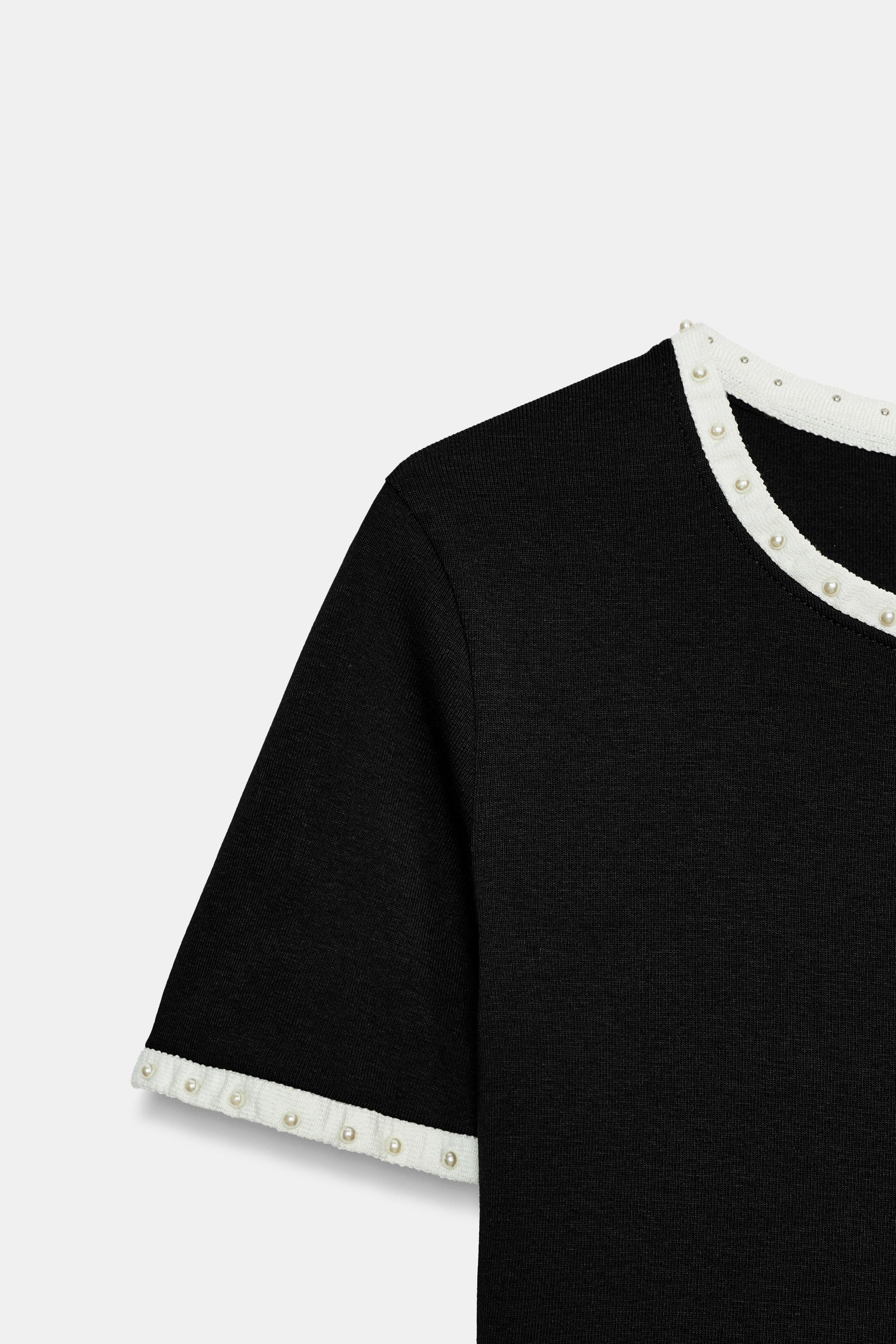 Женские футболки Zara CONTRAST PEARL T-SHIRT — фото 9