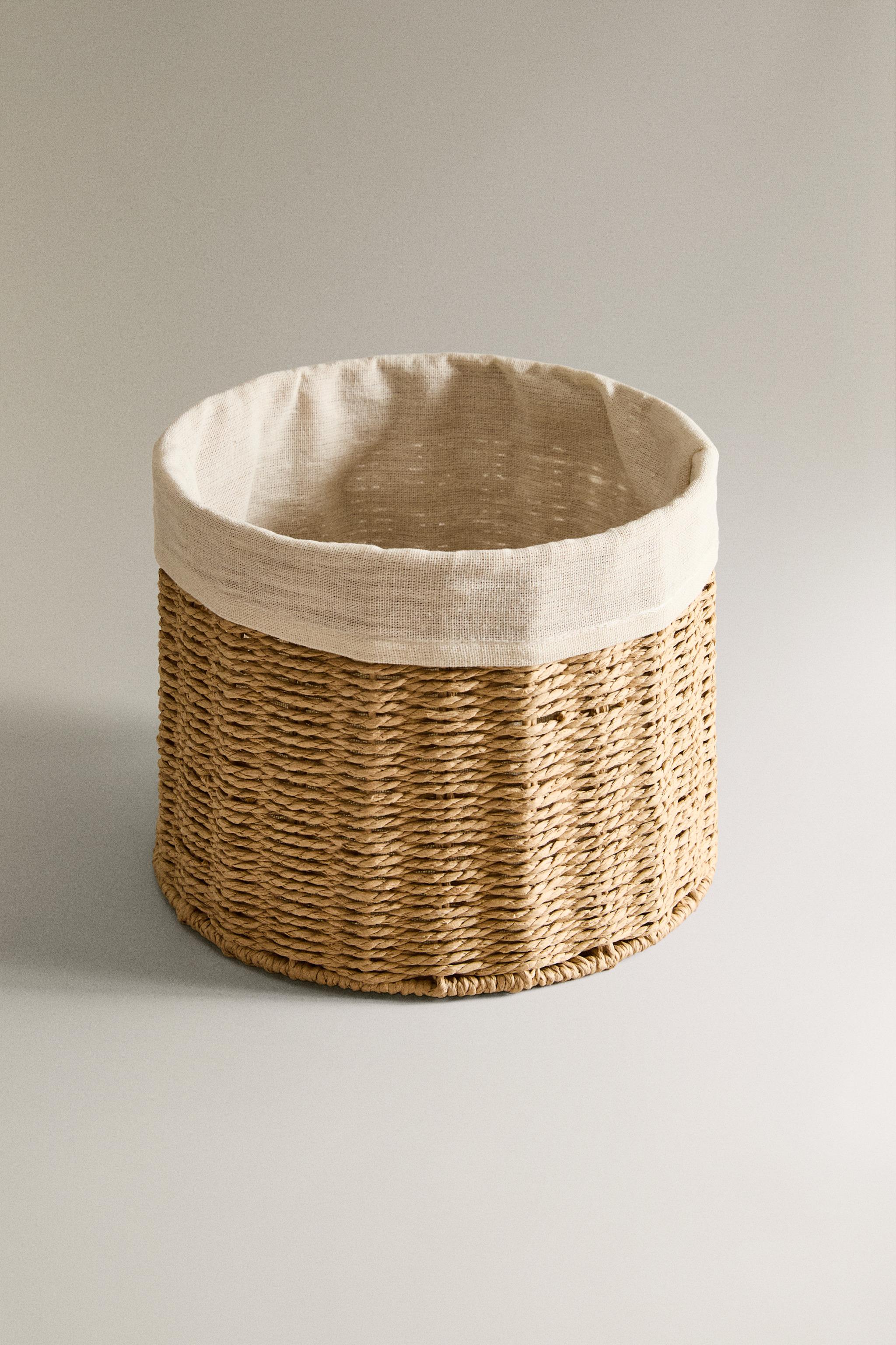 ROUND COTTON-LINED BASKET — Light beige