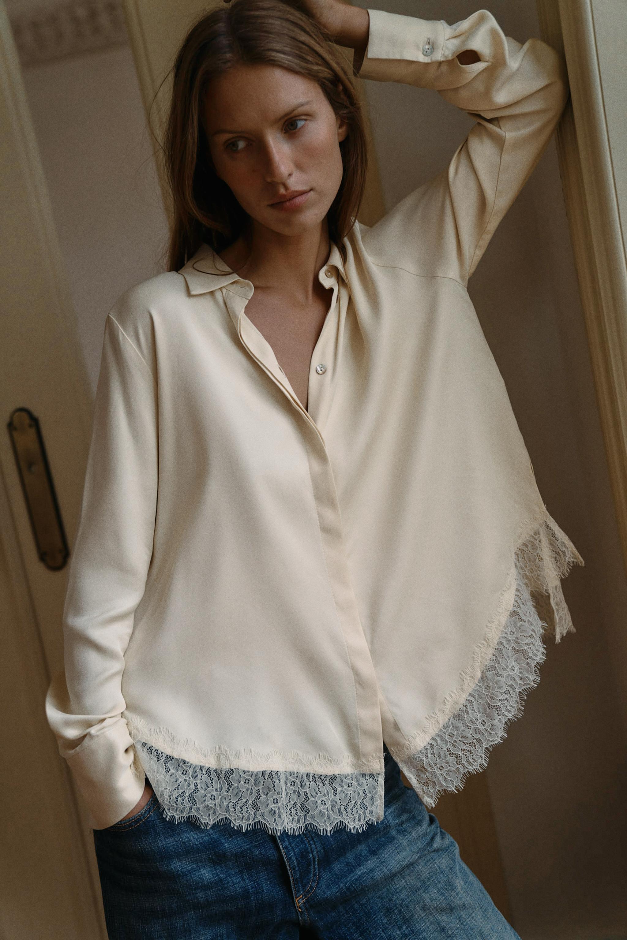 Zara - Lace Satin Effect Shirt - Ecru - S - Woman Zara - Lace Satin Effect Shirt - Ecru - S - Woman