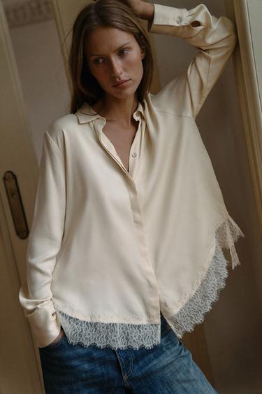 SATIN SHIRT WITH LACE - Ecru by Zara