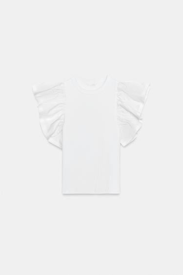 CONTRAST RIBBED T-SHIRT WITH RUFFLES - White by Zara