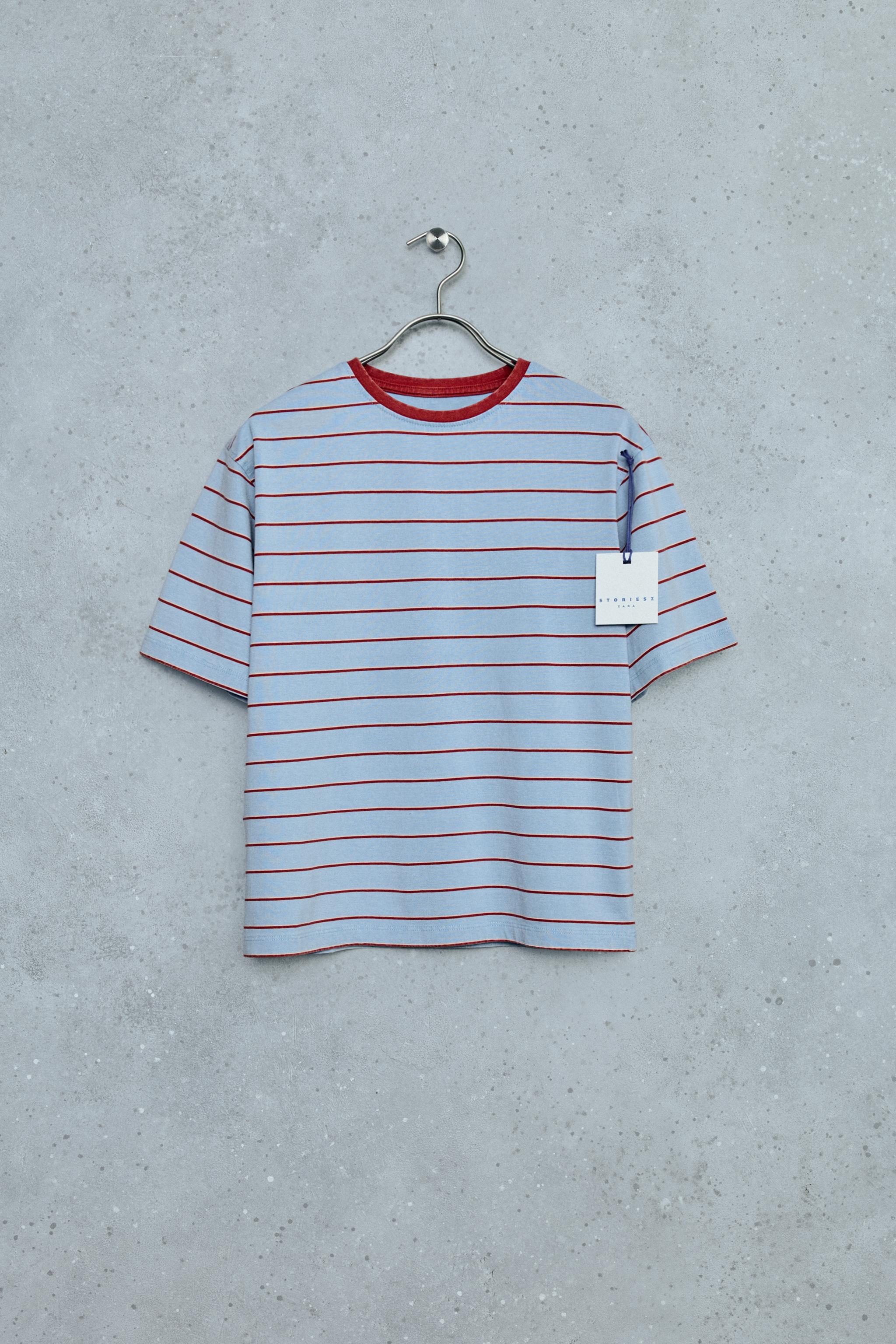 STORIESZ - WASHED-EFFECT CONTRAST NECK T-SHIRT — Sky blue