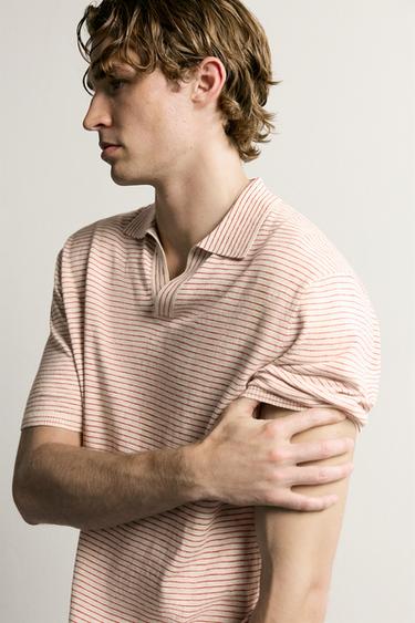 STRIPED JACQUARD KNIT POLO SHIRT - White / Red by Zara