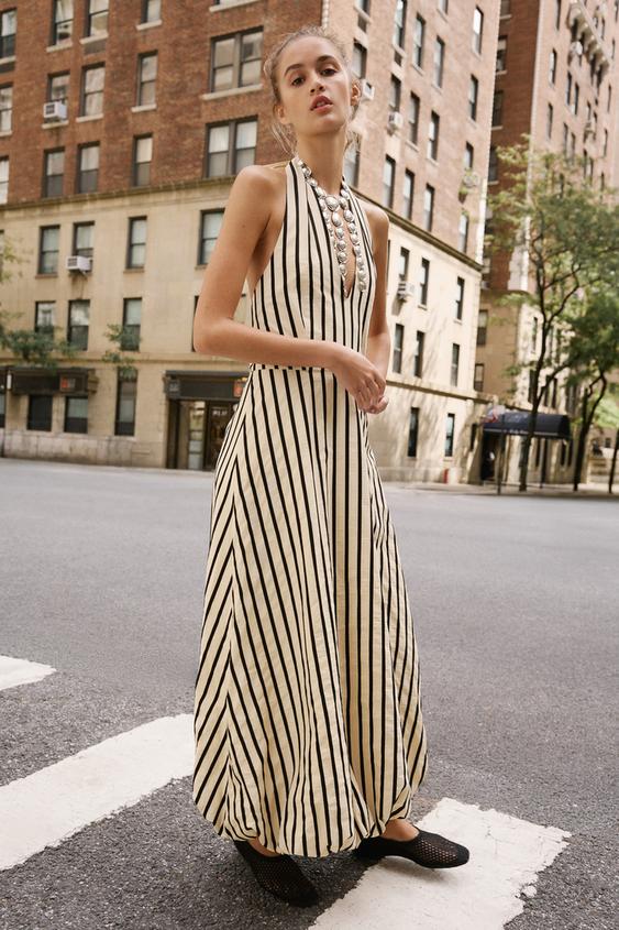 VESTIDO MIDI GLOBO RAYAS - Crudo / Negro de Zara - Imagen 0