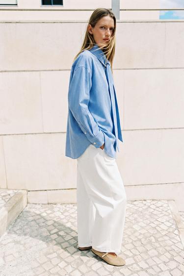 Zara 綁帶條紋襯衫 - 藍色